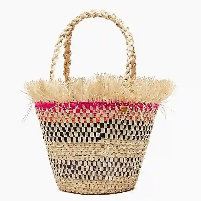 Bolso Canasto Flecos De Fibra Natural Fucsia Y Marino