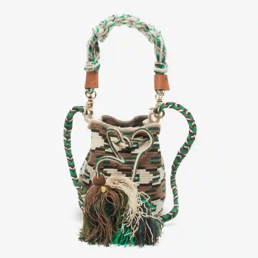 Bandolera Pequeña Wayuu Hecha a Mano Beige & Verde & Marrón