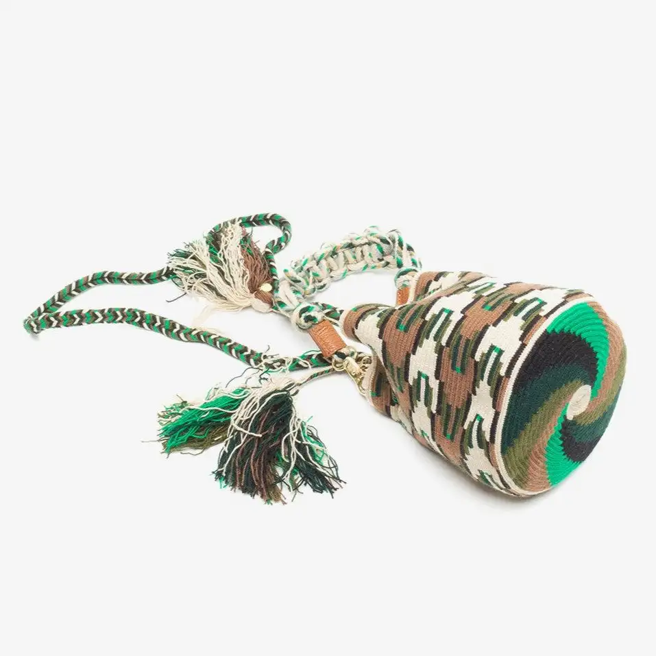 Bandolera Pequeña Wayuu Hecha a Mano Beige & Verde & Marrón - Imagen 3
