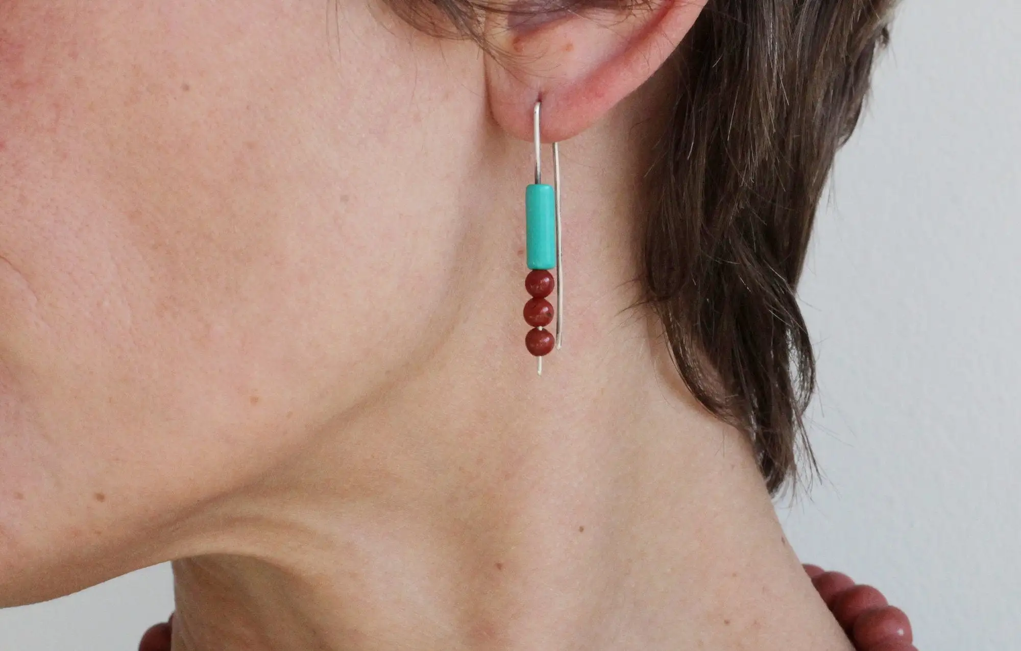 Frida - jaspe rojo y turquesa - pendientes de plata de primera ley - Imagen 4