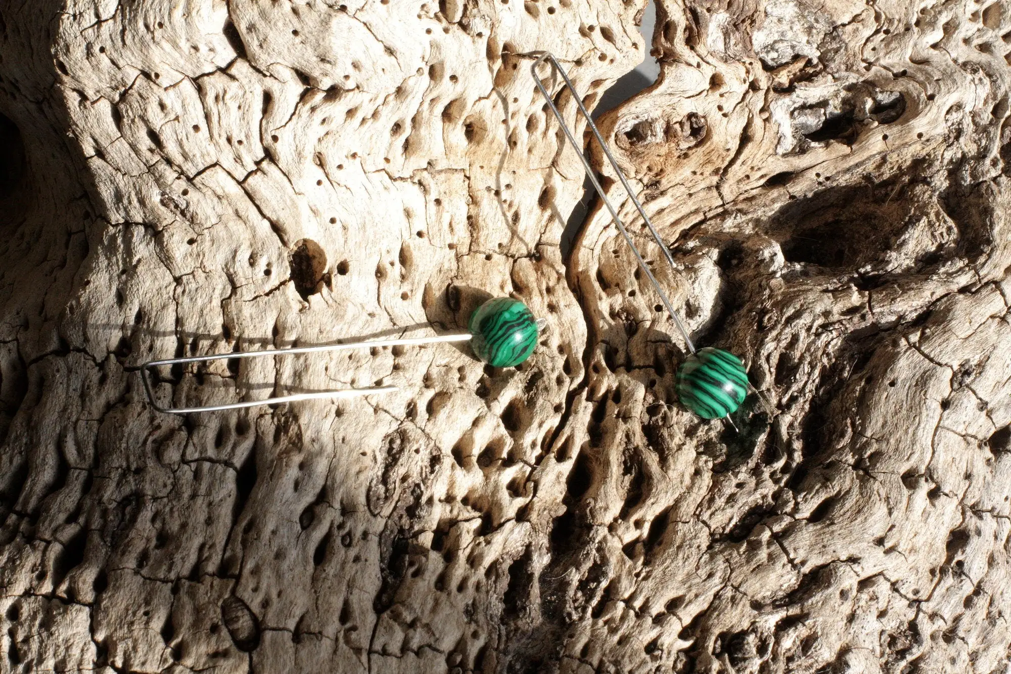 Malaquita - pendientes largos colgantes - plata de ley oxidada - Imagen 4
