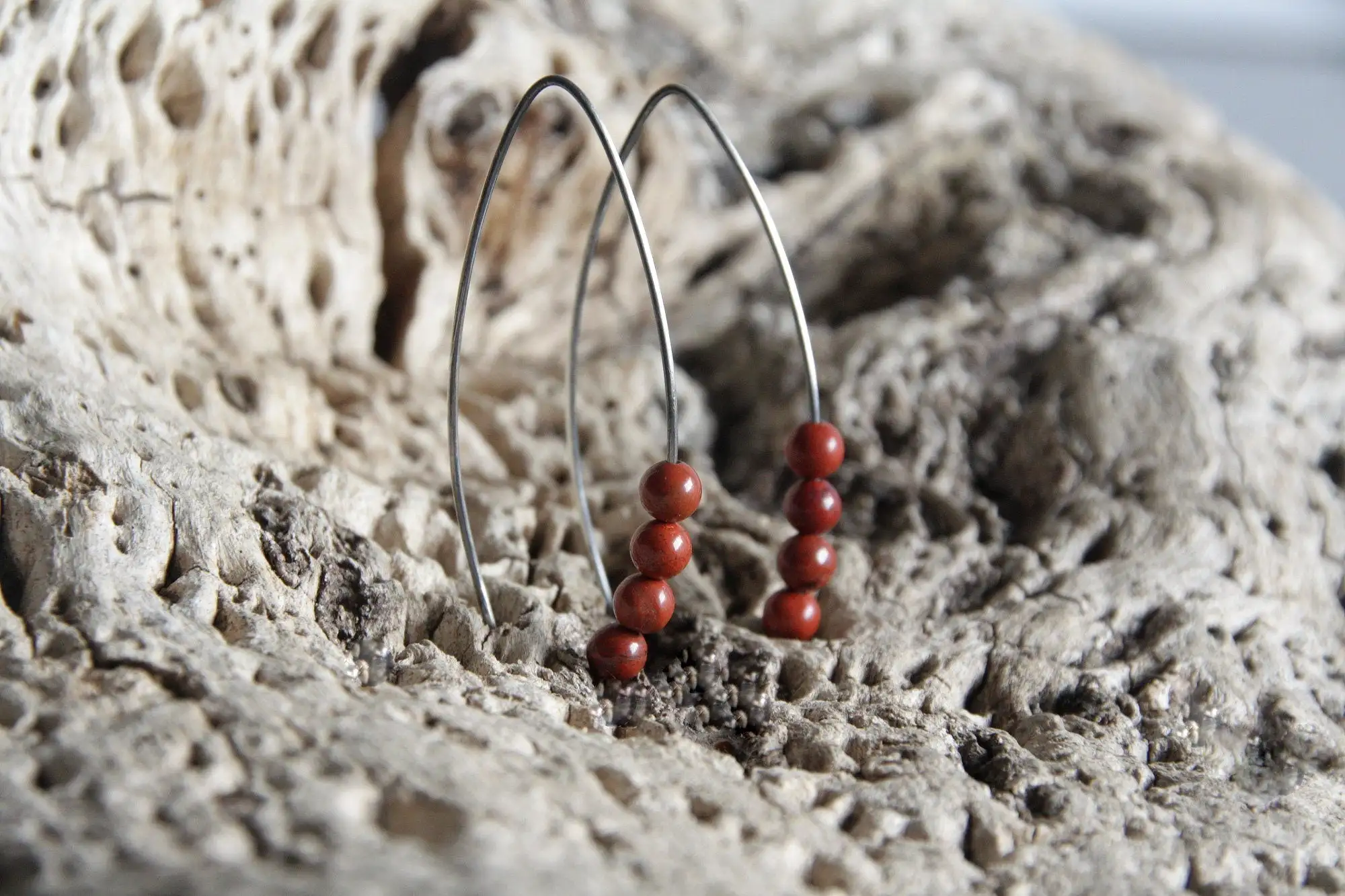Pendientes aros abiertos plata de ley jaspe rojo