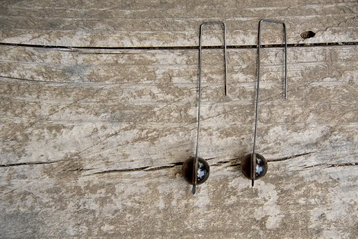 Smoky quartz - long dangle earrings - oxidized sterling silver