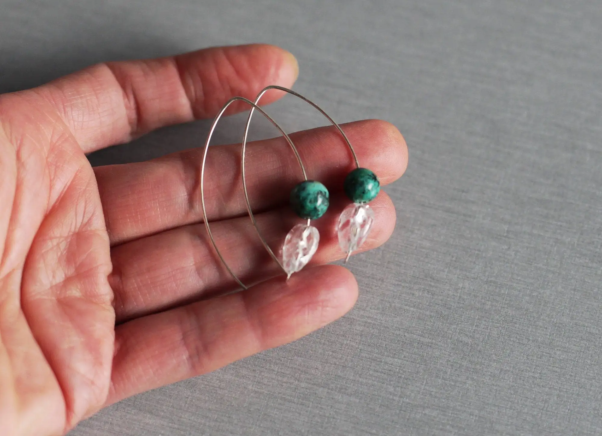 Pendientes aros abiertos plata hoja turquesa - Imagen 2