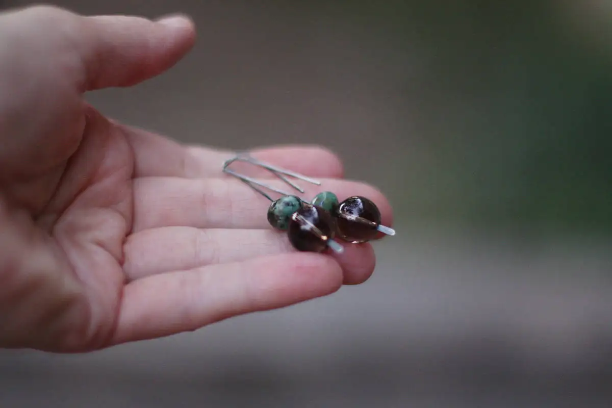 Turquoise, smoky quarz dangle earrings - oxidized sterling silver - Image 3