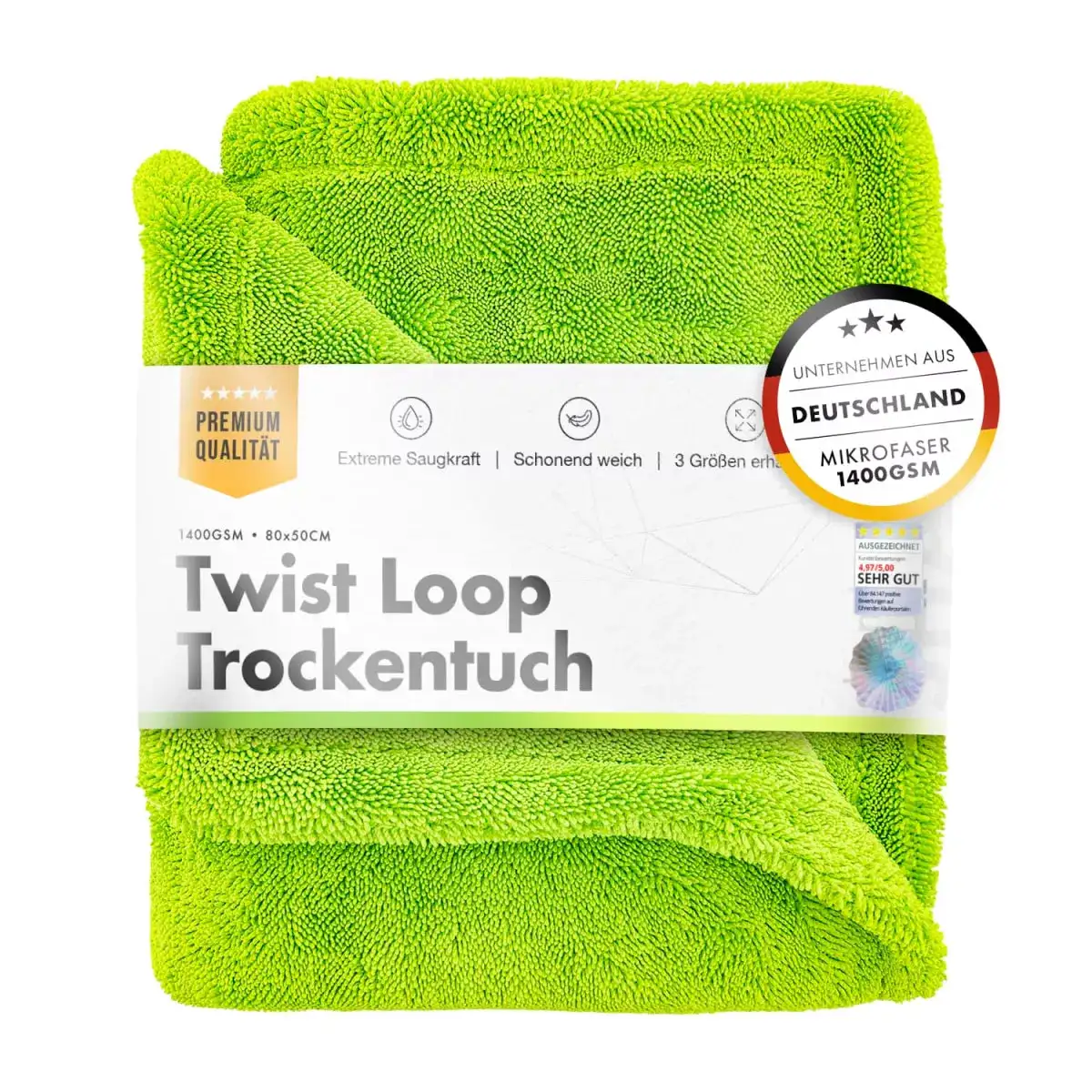 ChemicalWorkz Green Shark Twisted 1400GSM 80×50cm – High Quality Drying Towel