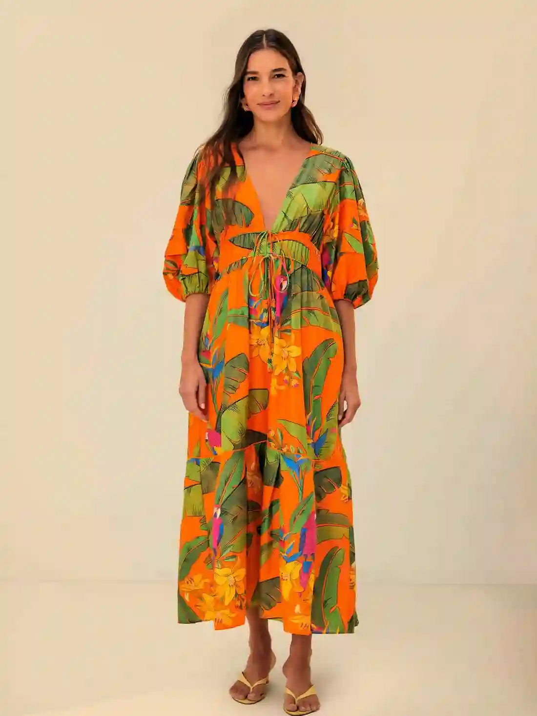 Vestido midi naranja guacamayas frescas