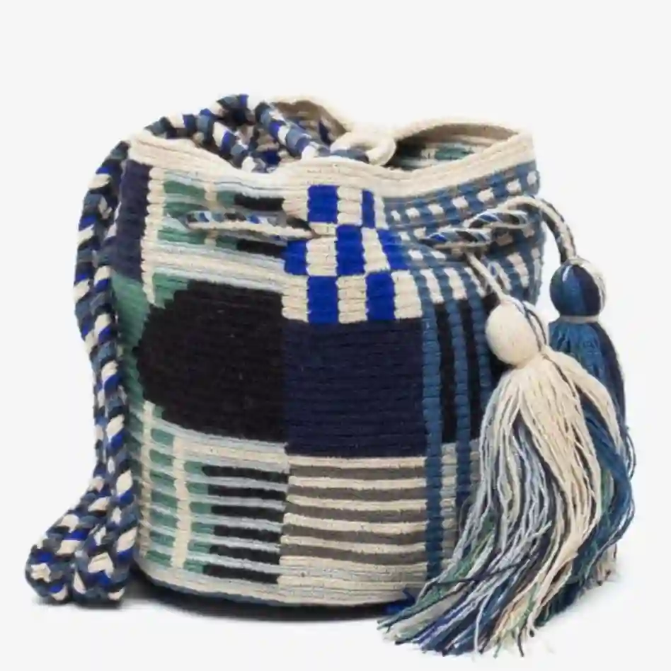 Wayuu pequeño hecho a mano negro y verde azulado/azul