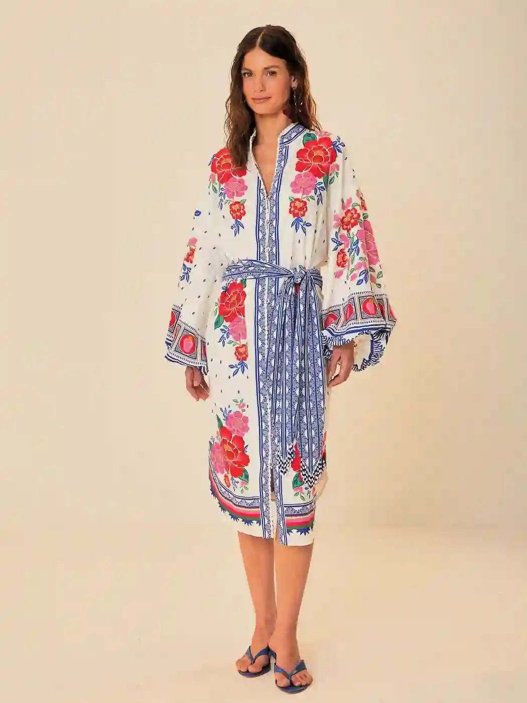 Vestido midi de flores en blanco roto