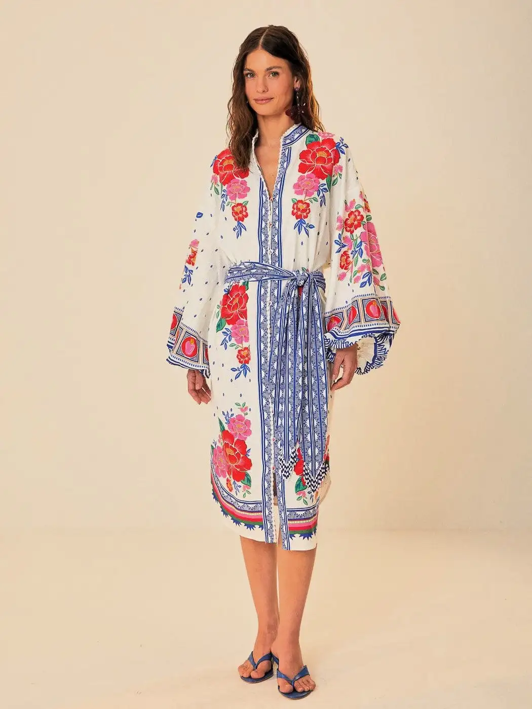 Vestido midi de flores en blanco roto
