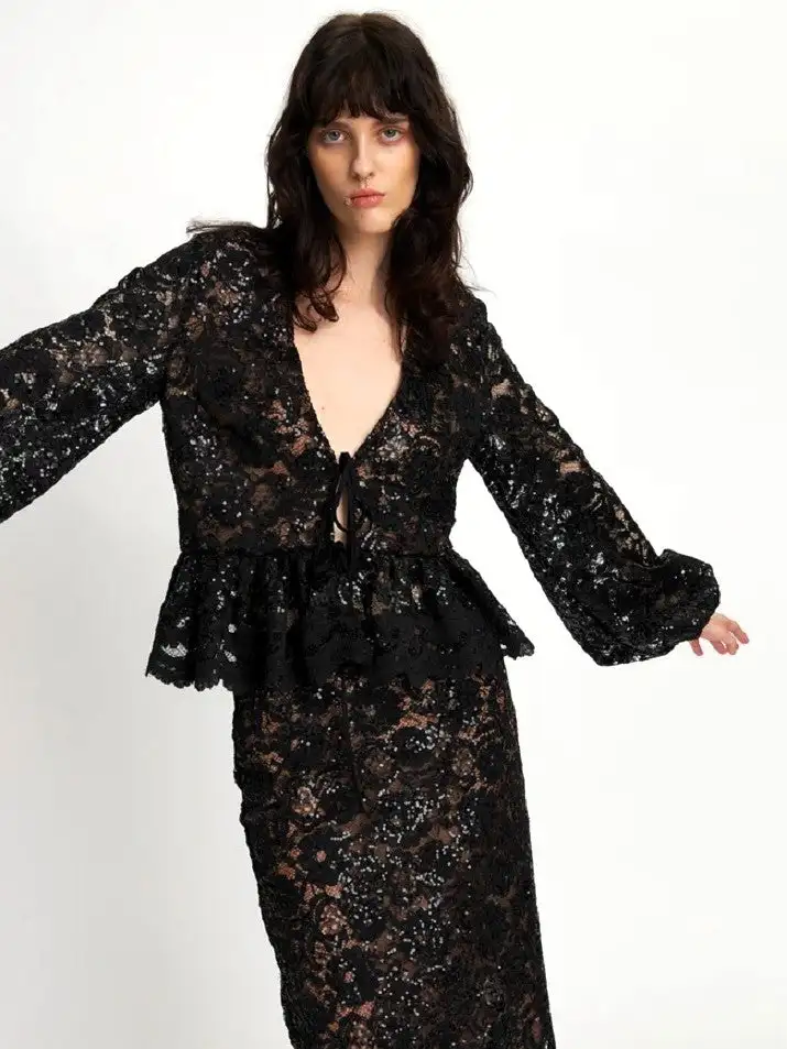Blusa de lentejuelas de encaje negro de stella nova - Imagen 2