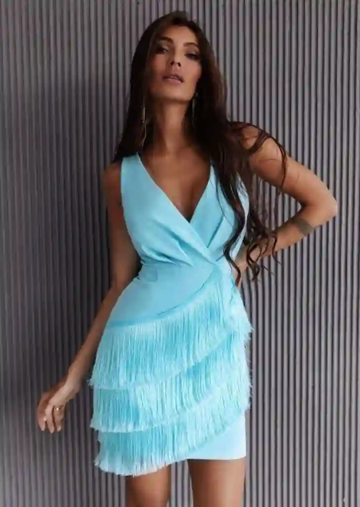 VESTIDO CORTO FLECOS AZUL CELESTE