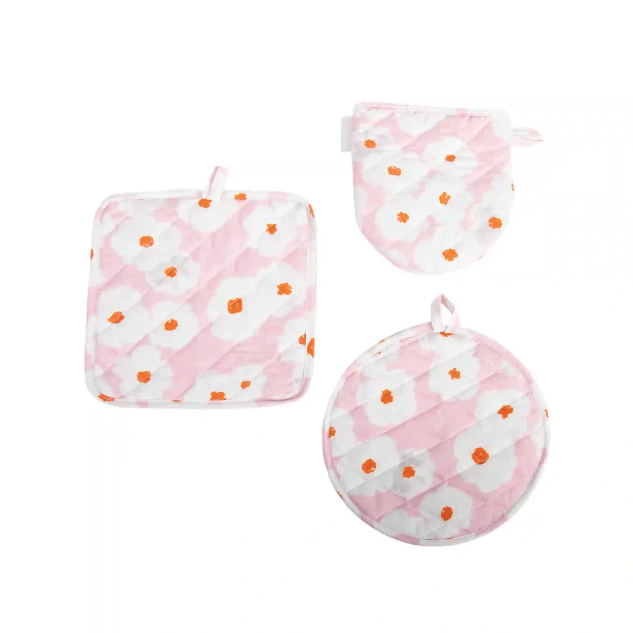 JUEGO DE MANOPLAS Y PAÑO FLORAL ROSA