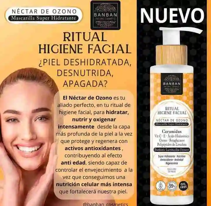 NECTAR DE OZONO Mascarilla hidratante y nutritiva con más del 99% de ingredientes naturales.