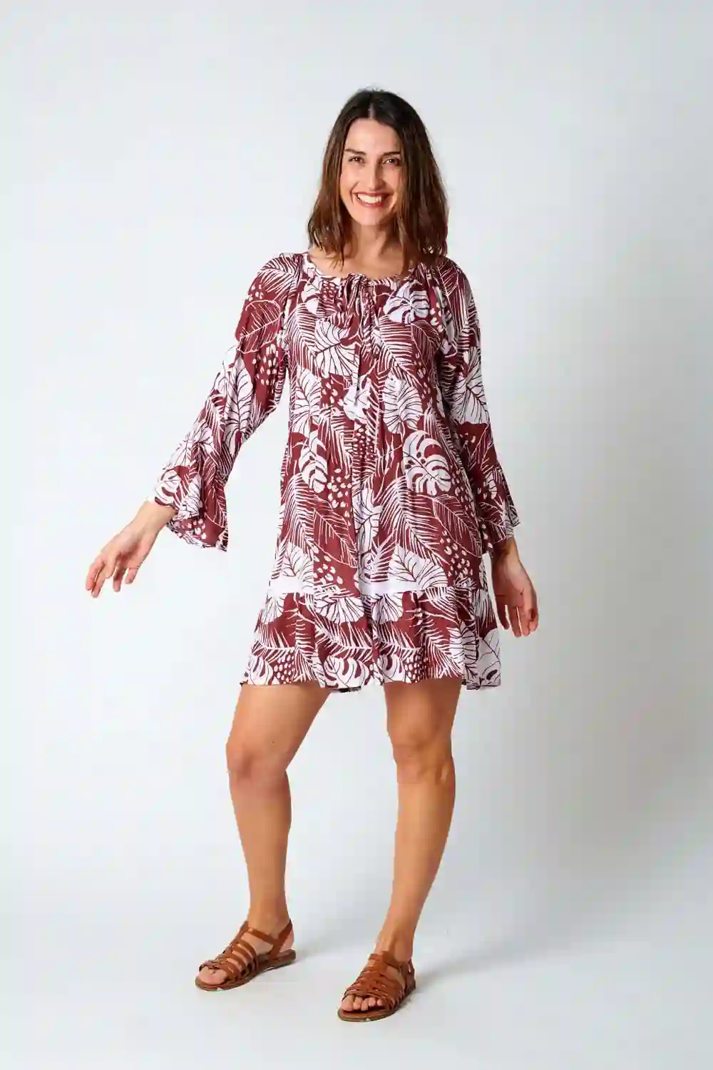 Vestido Rayón Medio Print Hojas