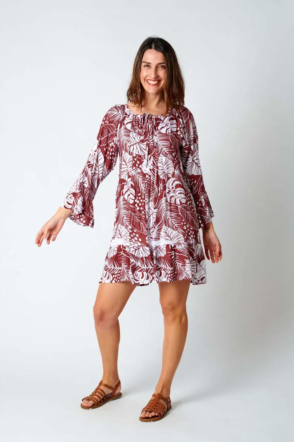 Vestido Rayón Medio Print Hojas