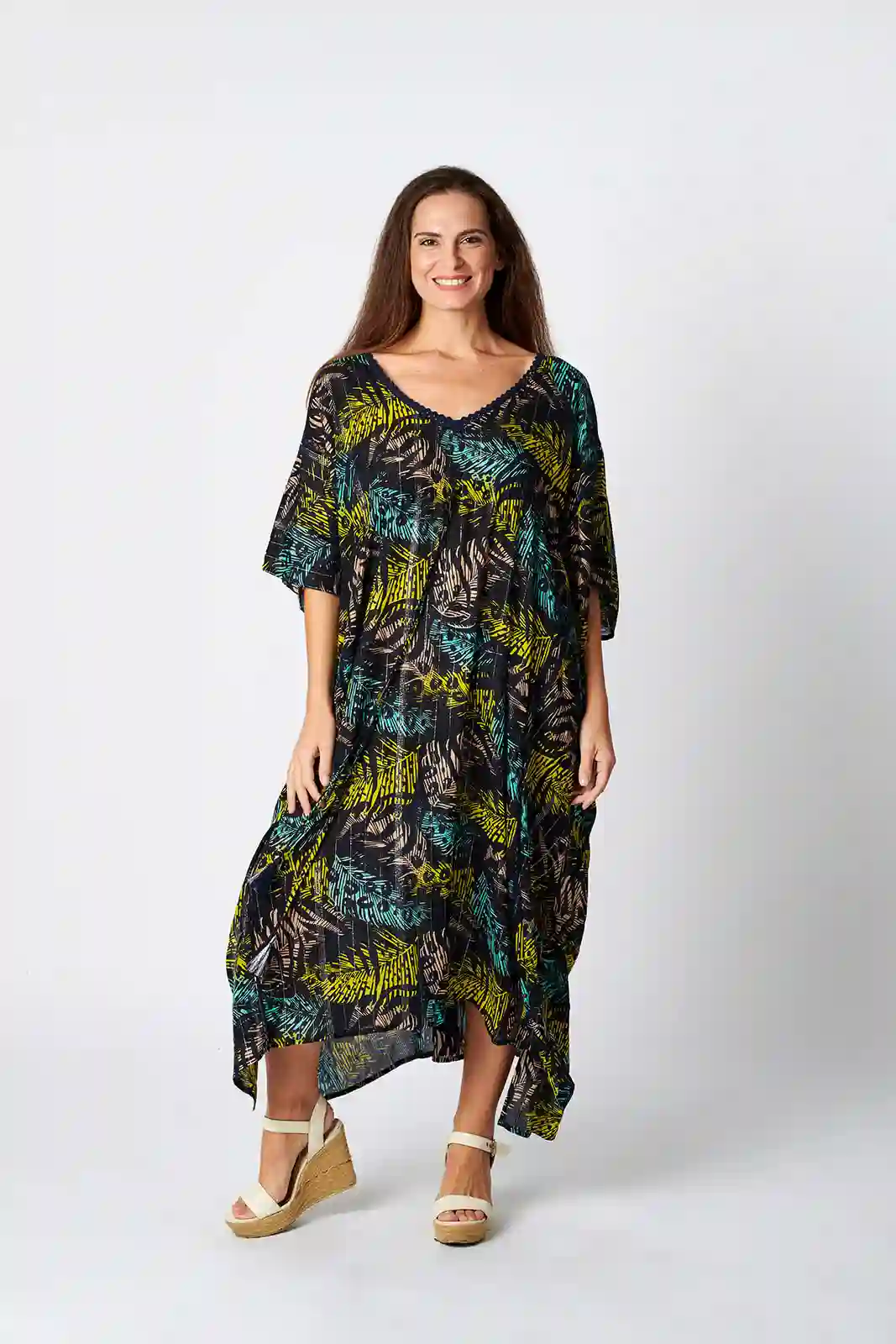 Kaftan viscosa impresas hojas