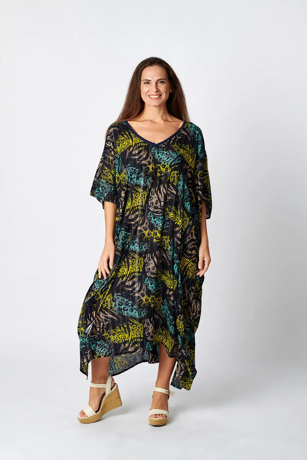 Kaftan viscosa impresas hojas