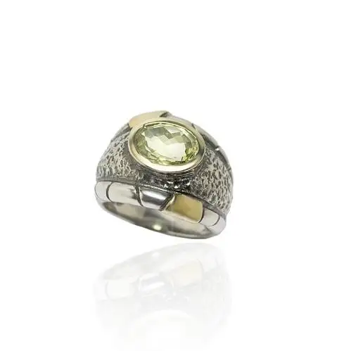 Anillo Styliano Plata y Oro Con Cuarzo Limón