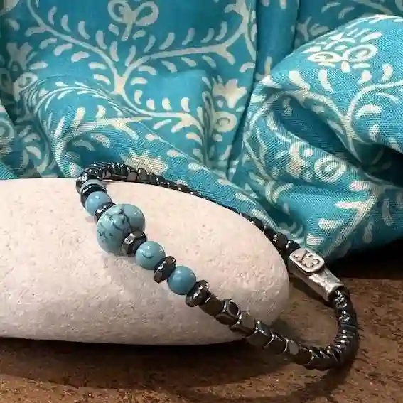 Pulsera Elástica hematita y turquesa