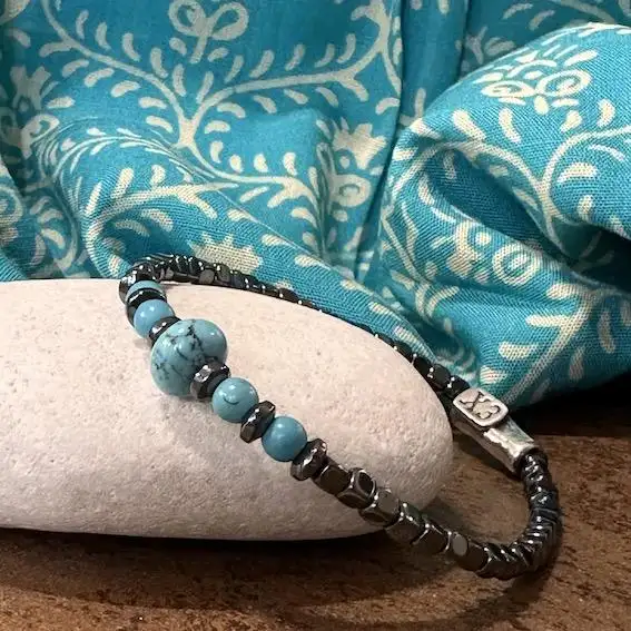 Pulsera Elástica hematita y turquesa