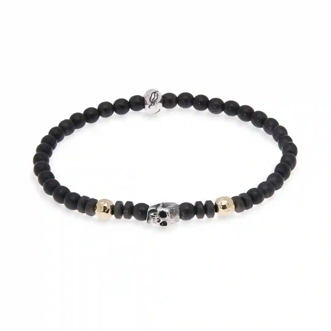 Pulsera de Cuentas Con Calavera de Plata y Pepitas de Oro 18K