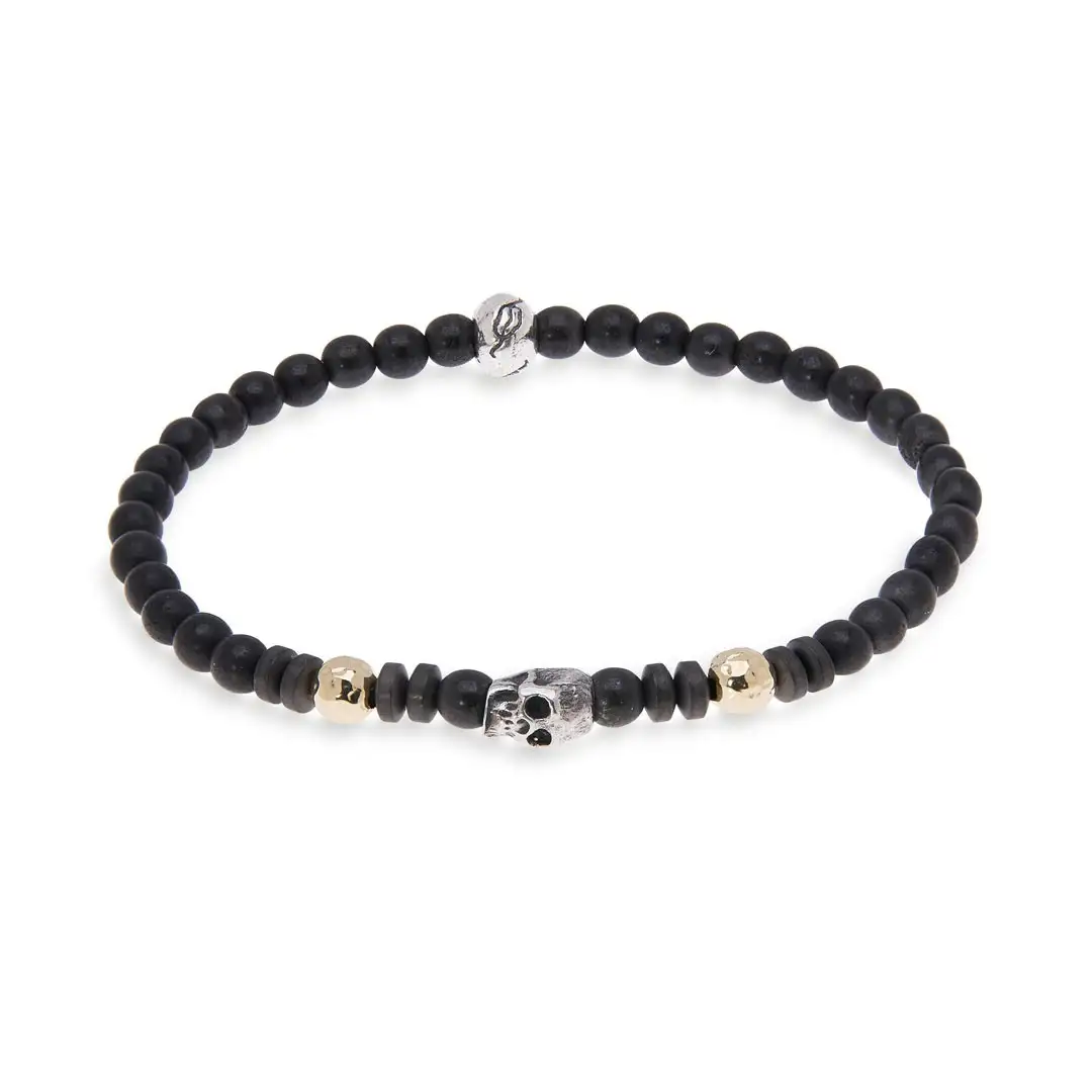 Pulsera de Cuentas Con Calavera de Plata y Pepitas de Oro 18K