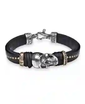Pulsera Skull Plata Cuero Bronce y Seda Cab37d