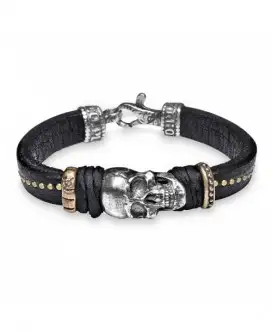 Pulsera Skull Plata Cuero Bronce y Seda Cab37d