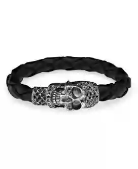 Pulsera Plata Cuero y Calavera L33