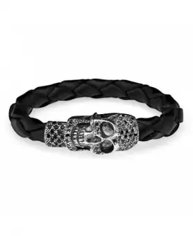 Pulsera Plata Cuero y Calavera L33