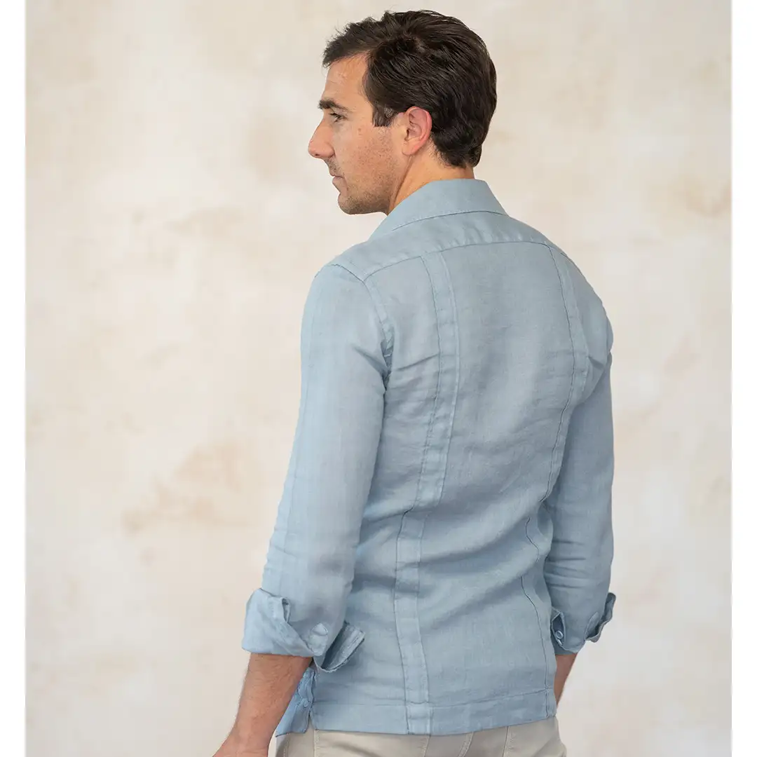 Blue-gray guayabera with contrasting navy blue logo. - Image 4