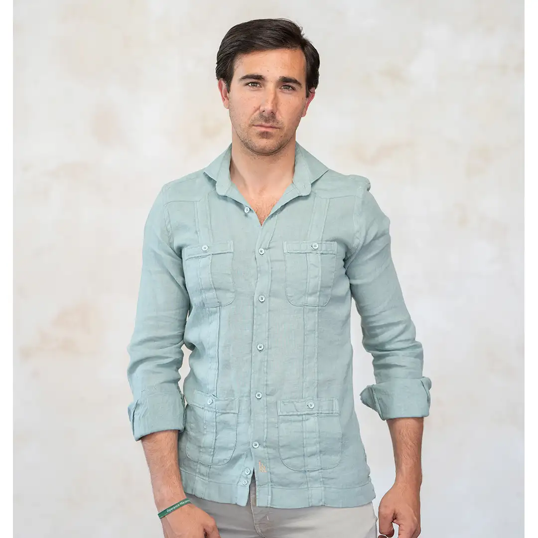 Green guayabera with contrasting gold logo. - Image 3