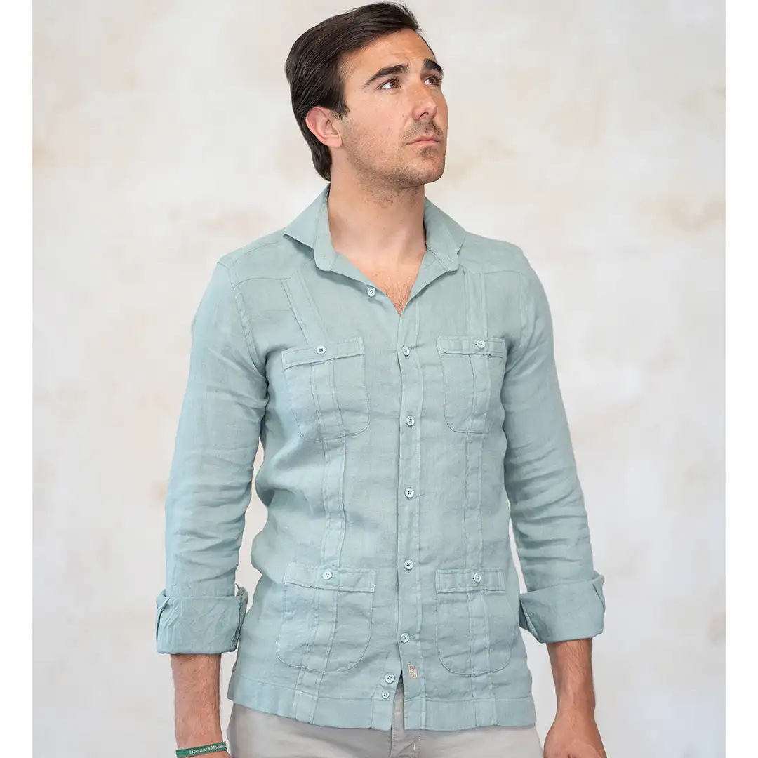 Green guayabera with contrasting gold logo. - Image 4
