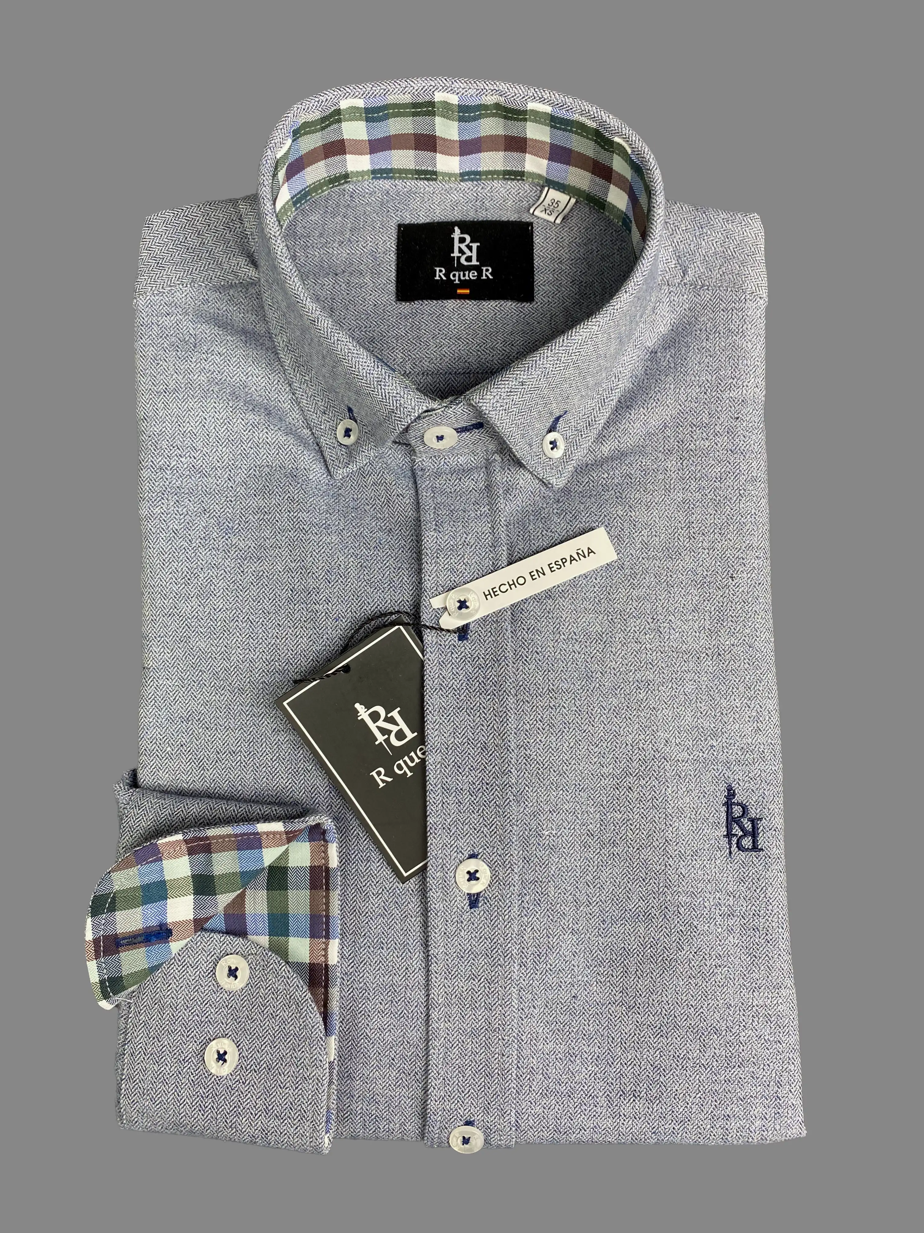 Blue herringbone shirt with dark blue embroidered "Maragata" logo. - Image 4