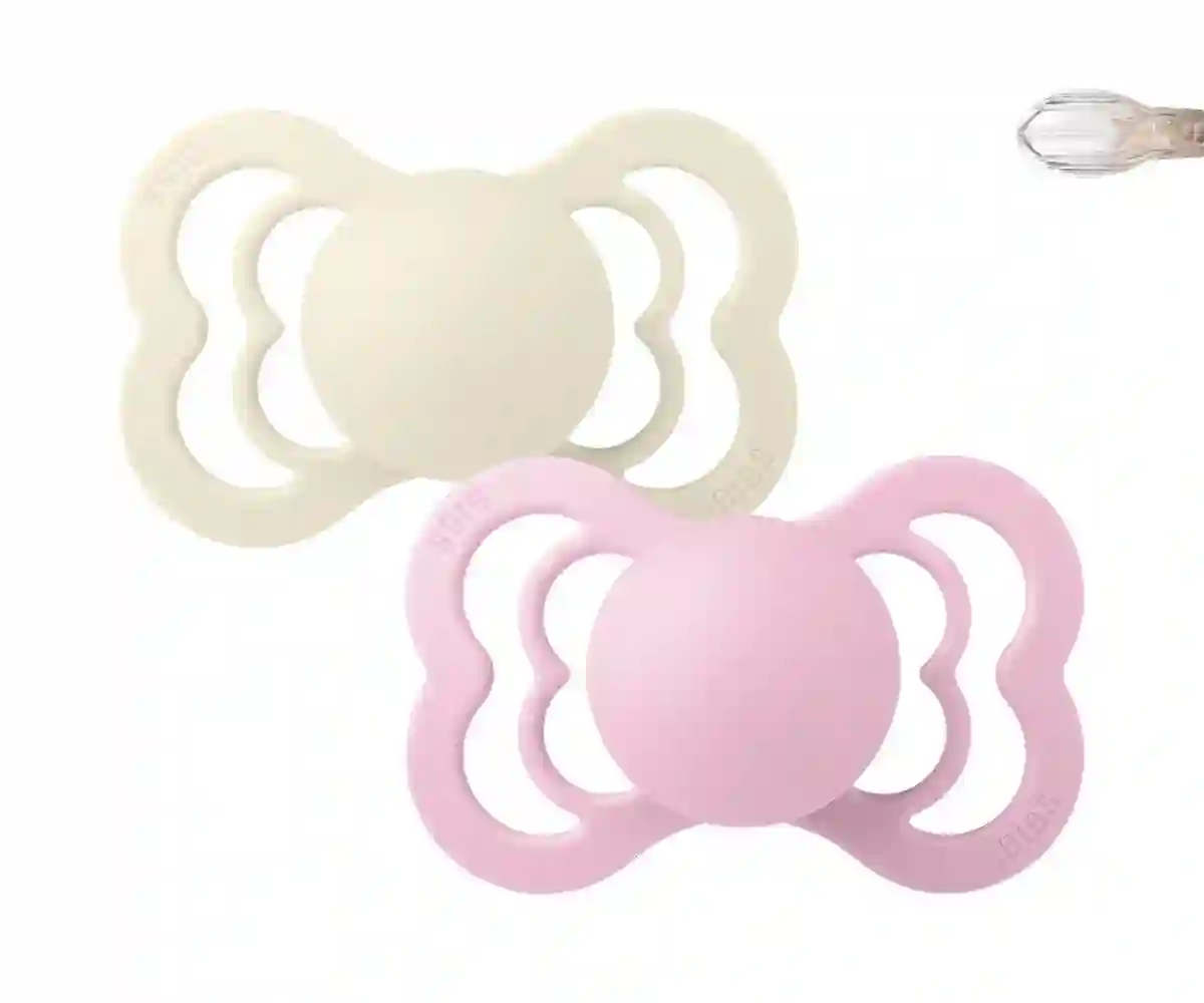 2 BIBS Supreme Ivory/Pink Baby Silicone Pacifiers