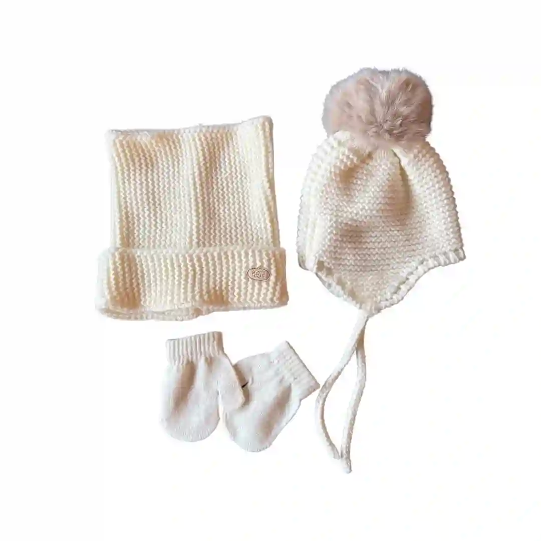 Cream White Pompom Garter Knit Set