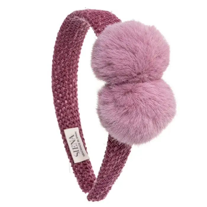 Pink chenille headband with pompoms
