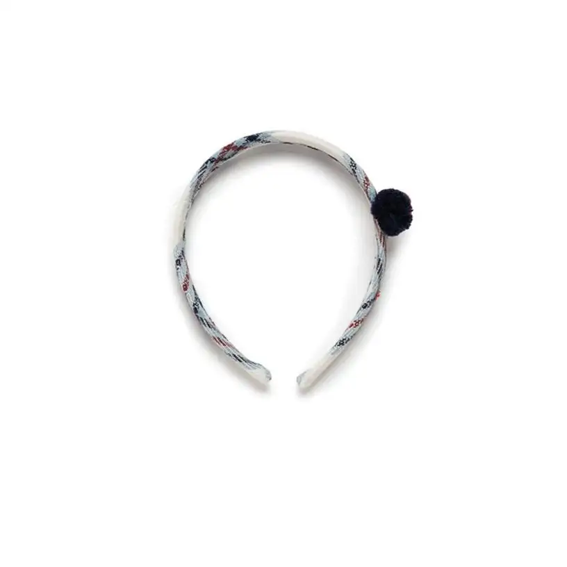 Navy Pompom Checked Headband
