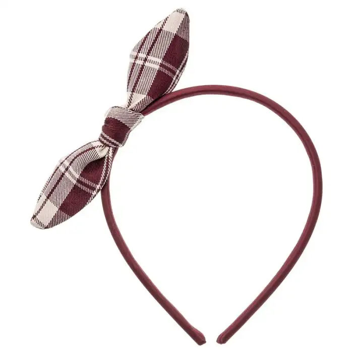 Burgundy tartan bow headband