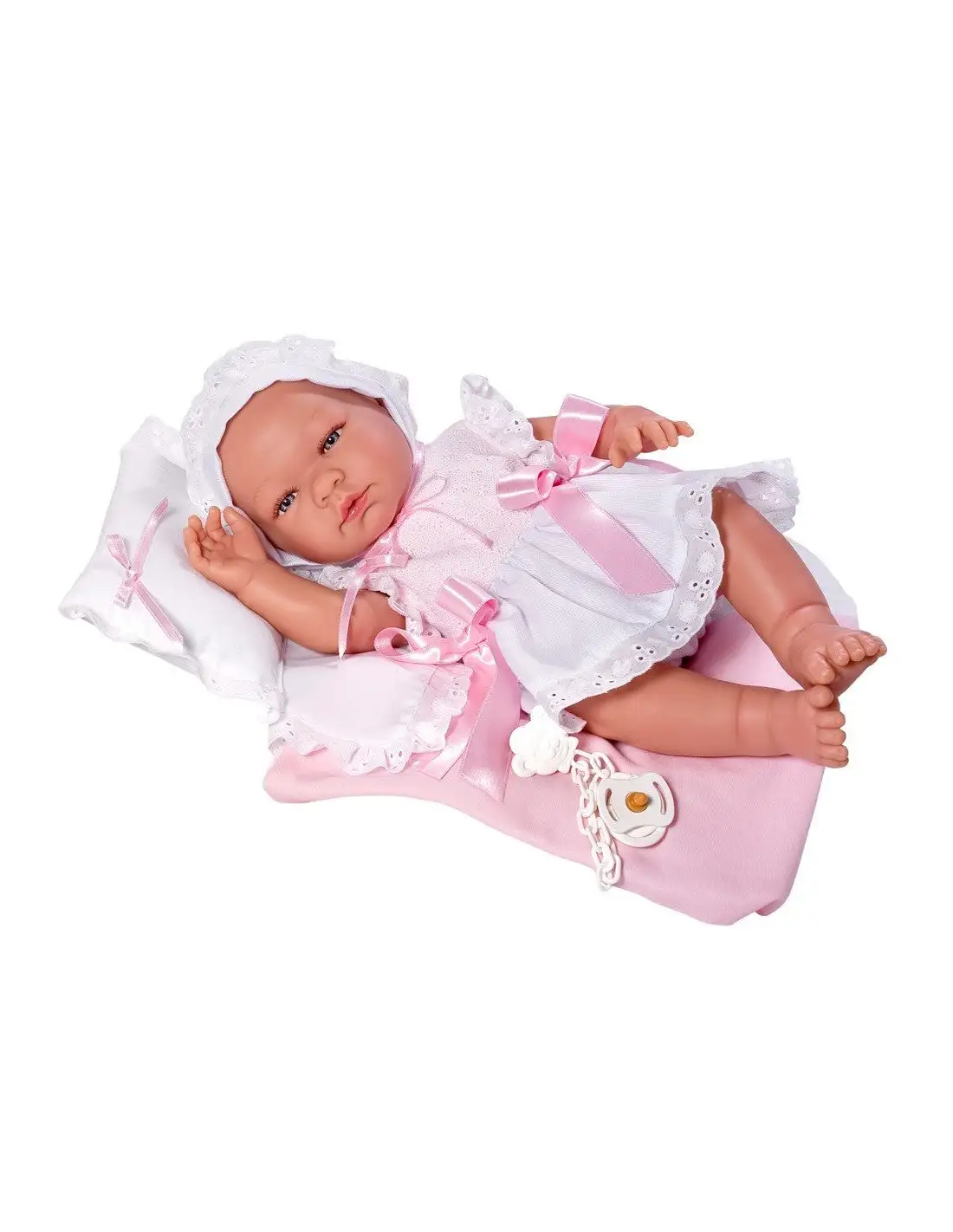 MUÑECA MARÍA CON VESTIDO BLANCO PUNTO ROSA Y ALMOHADA
