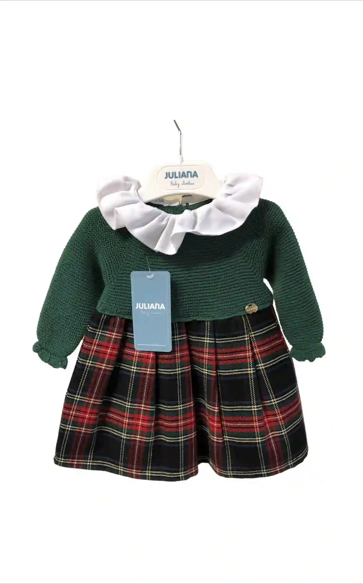 Vestido Cuerpo Punto Falda Tela Cuadros Escoceses Verde Musgo