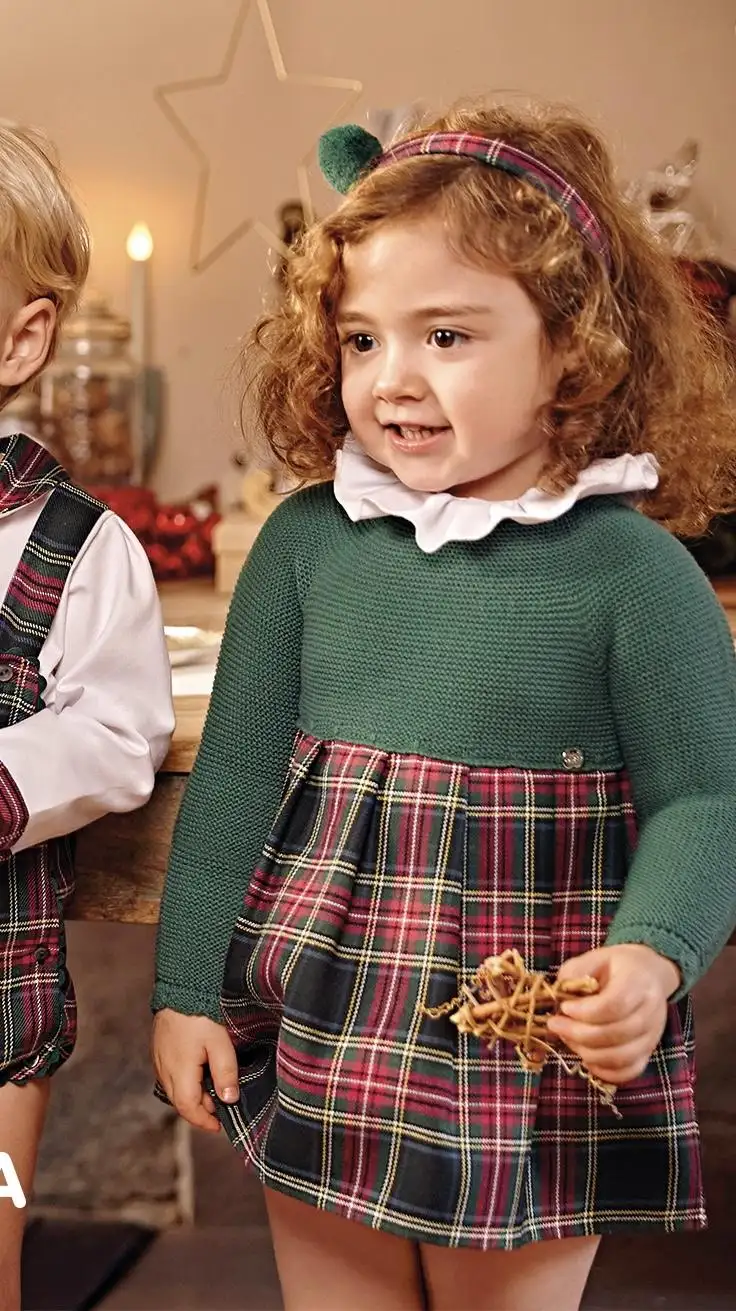 Vestido Cuerpo Punto Falda Tela Cuadros Escoceses Verde Musgo - Imagen 3