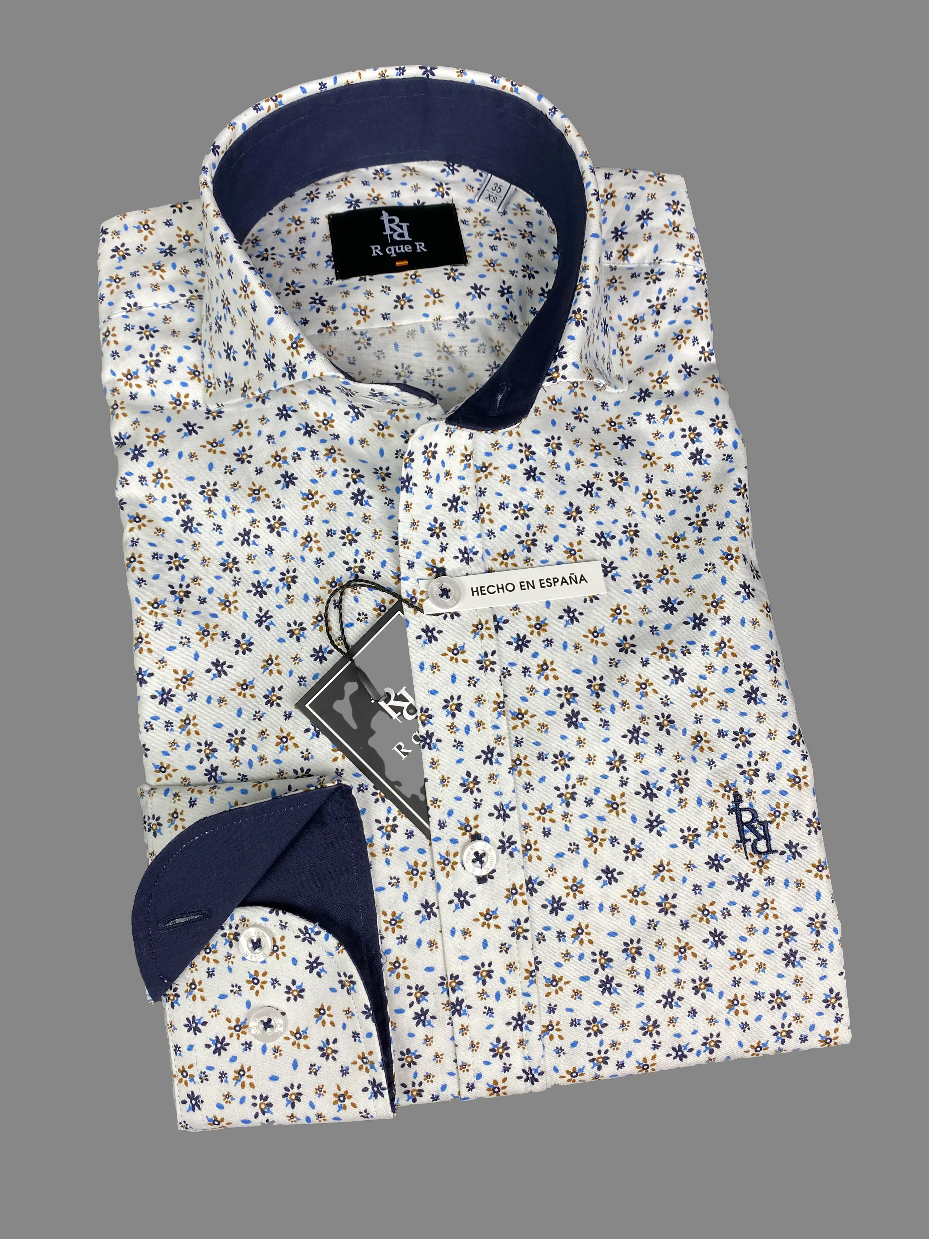 Men's shirt with blue and brown flowers with embroidered navy blue "Gypsy" logo. - Image 3
