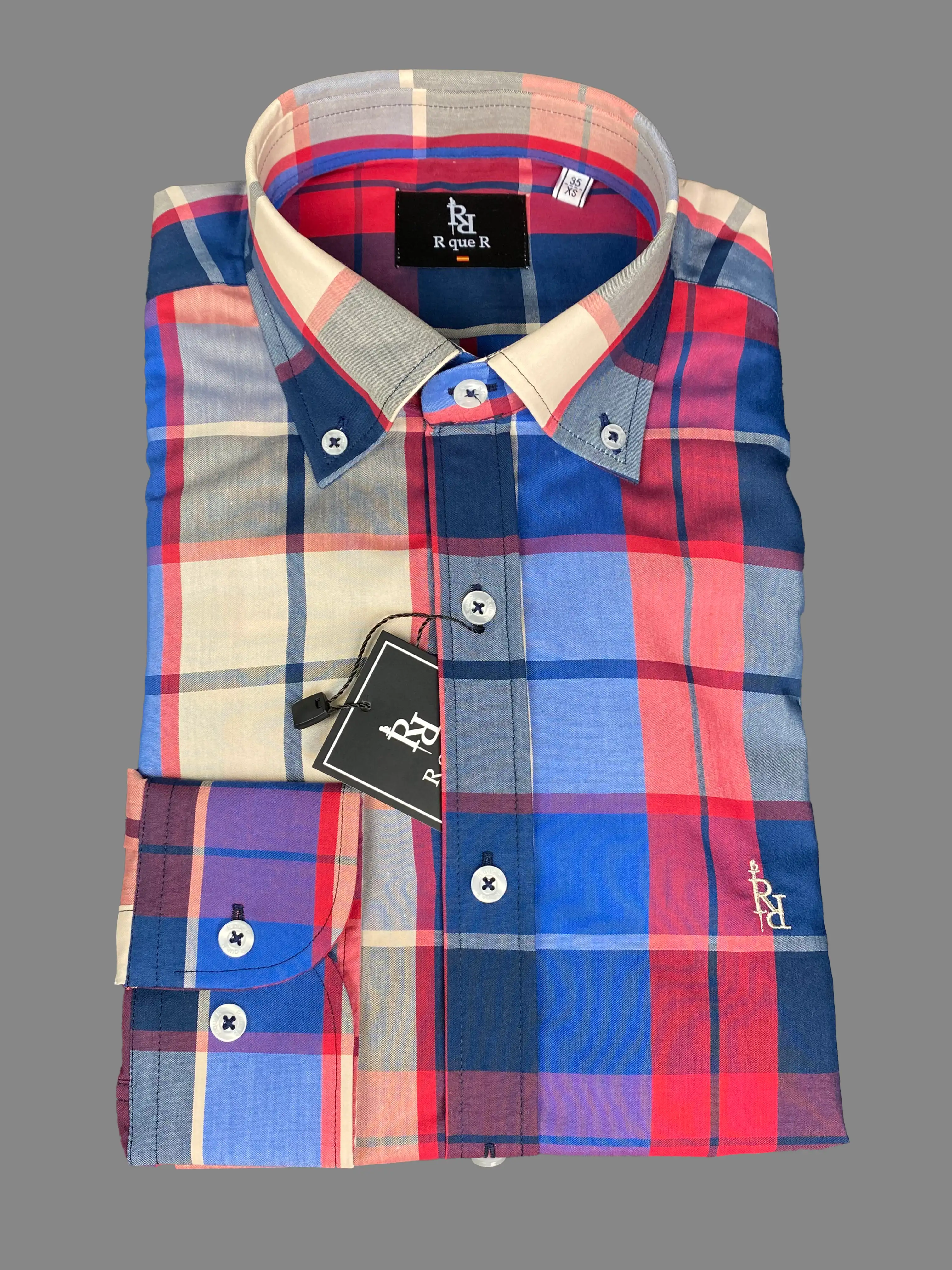 Camisa cuadros grandes en azul, rojo y beige con logo bordado en color beige "Ranchera". - Imagen 3