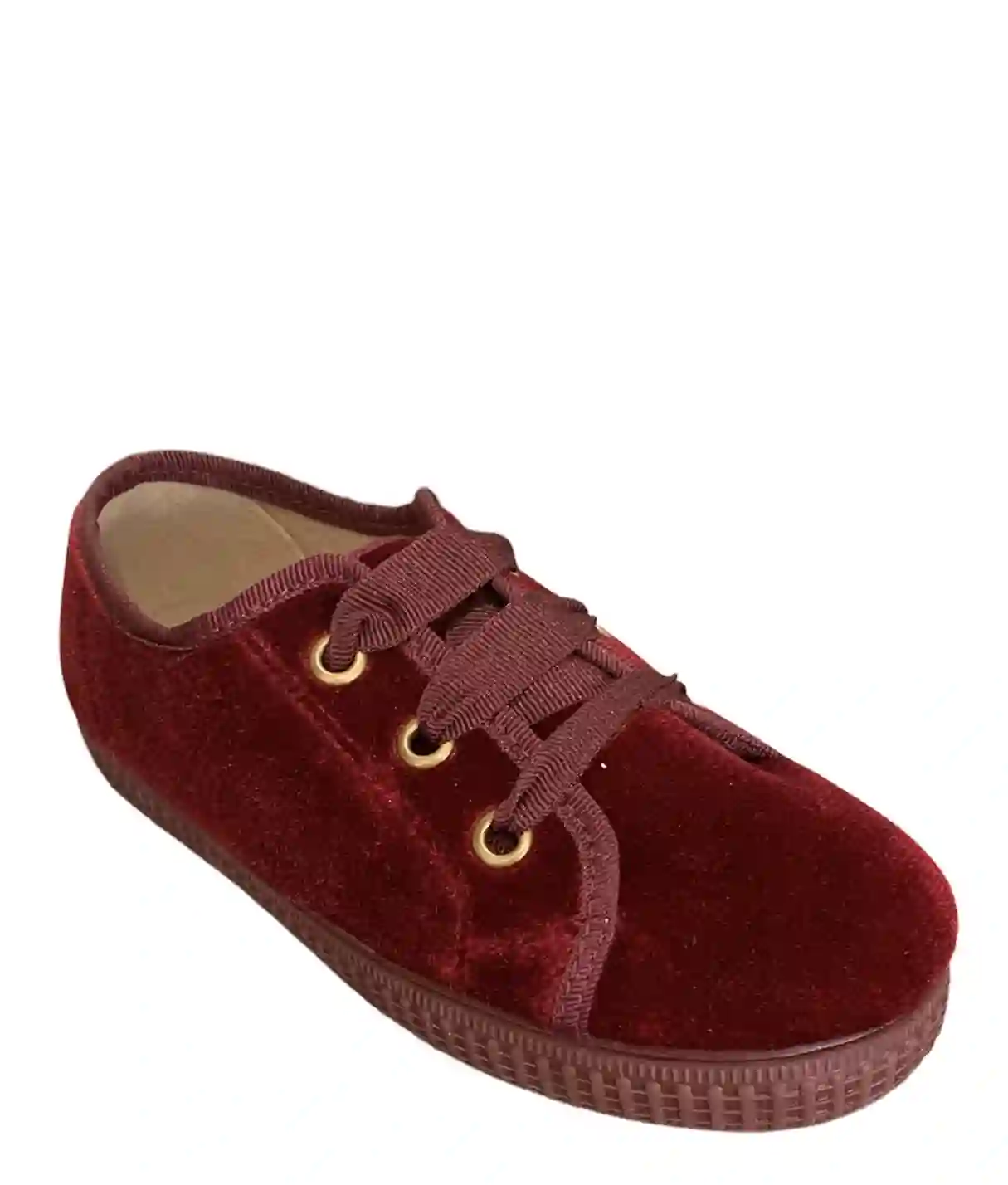 Zapatilla de Terciopelo burdeos con cordones. Tallas 20 a 32.