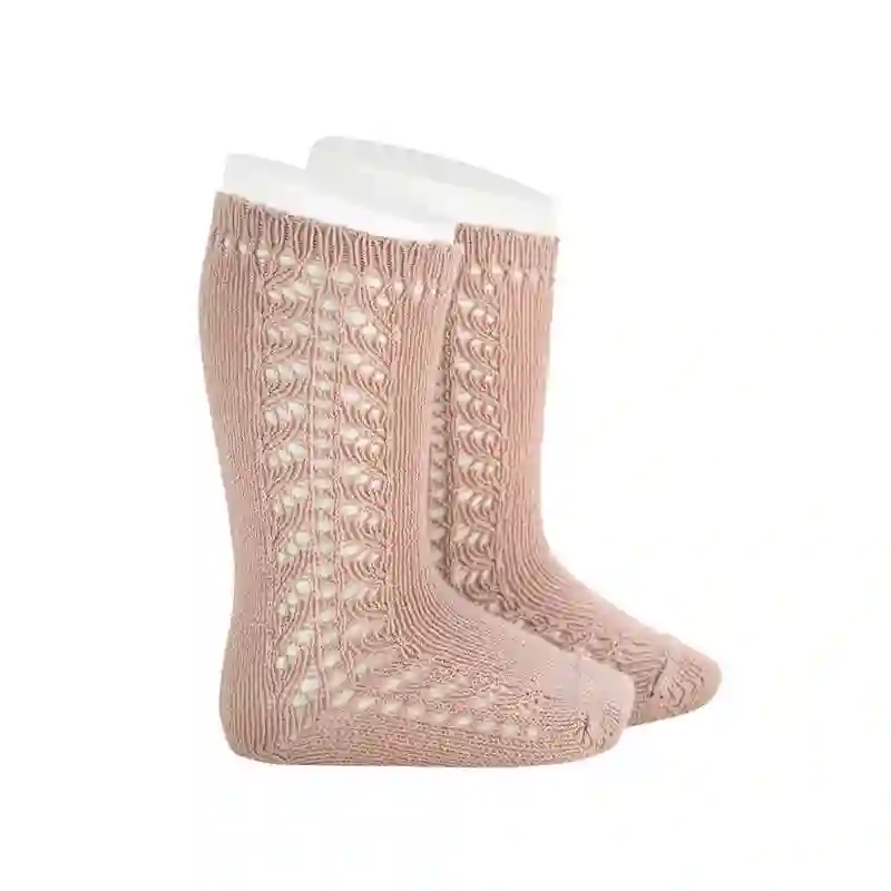 Calcetines altos algodón cálido con calado lateral rosa empolvado