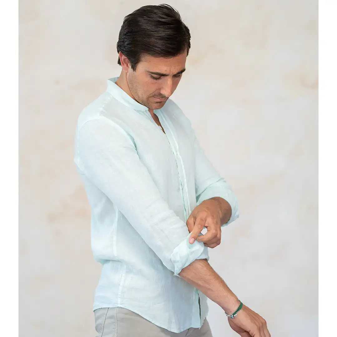 Clear green linen shirt "Sultana" Logo embroidered in light brown. - Image 5