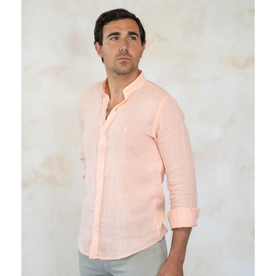 Camisa de lino naranja claro " Galana" logo bordado en color azulón. - Imagen 5