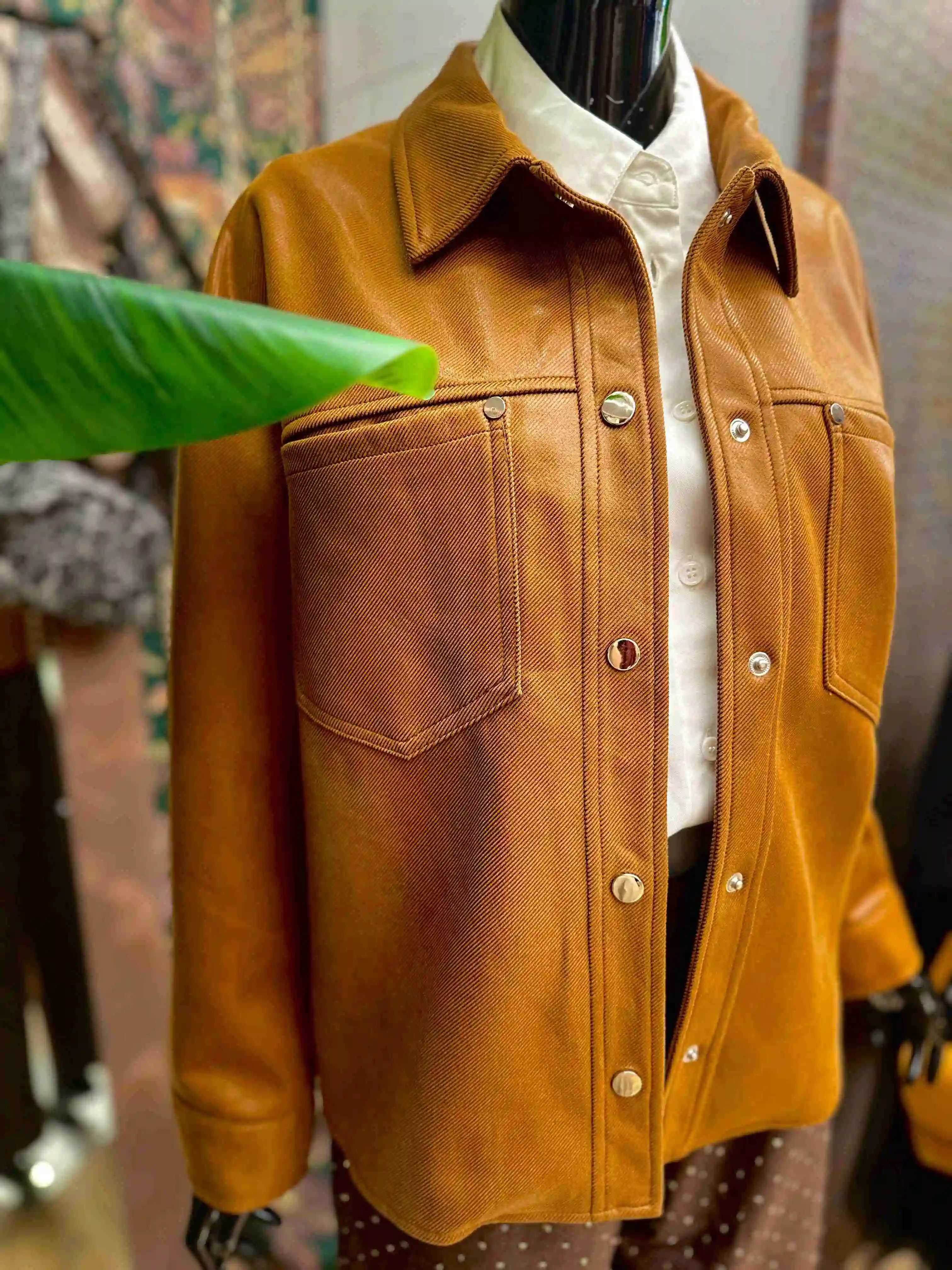 On camel leather effect shirt